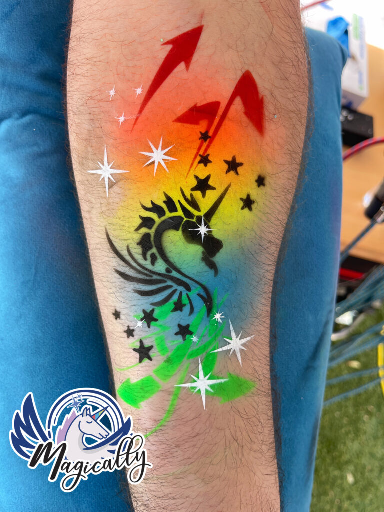 AirBrush art on skin: Vibrant and detailed design applied with a professional airbrush for events and parties